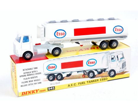 Dinky Toys 945, AEC fuel tanker Esso, white cab and chassis with white tanker, grey filler caps and catwalk, "Esso" rear tran