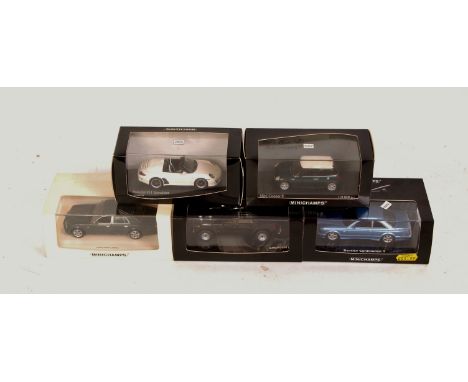 Minichamps 1/43rd scale boxed diecast group, 5 examples, to include Bentley Continental T, Lamborghini LM002 1984, Mini Coope