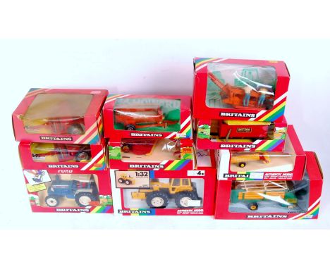 10 various boxed Britains 1/32nd scale Tractors and Farm Implements, all in rainbow window boxes, to include No.9527 Ford 561