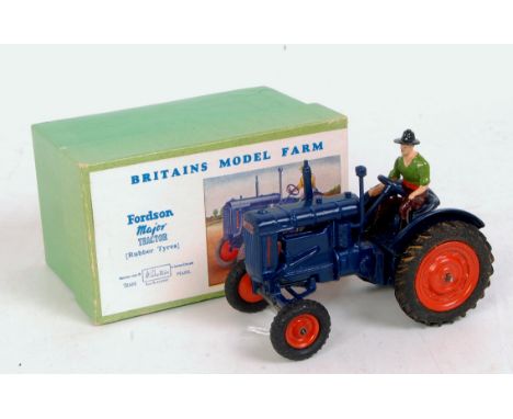 Britains, 128F, Fordson Major tractor with driver, dark blue body, orange wheels and black rubber tyres, with driver, in orig