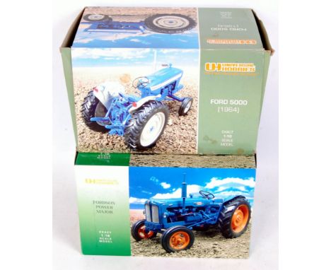 Universal Hobbies 1/16th scale boxed tractor group, both missing exhausts, to include Fordson Power Major, and 1964 Ford 5000