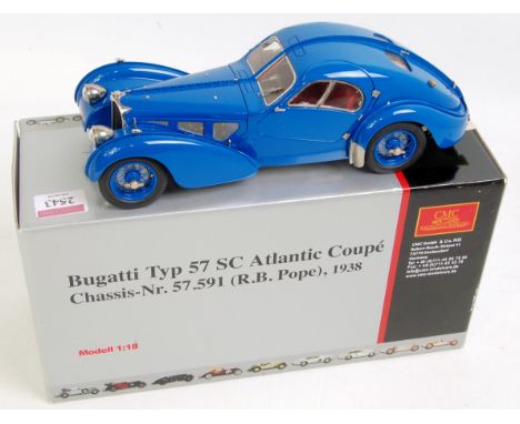 CMC Exclusive Models, M-083 1/18th scale model of a Bugatti Type 57 SC Atlantic Coupe, finished in blue, in the original poly
