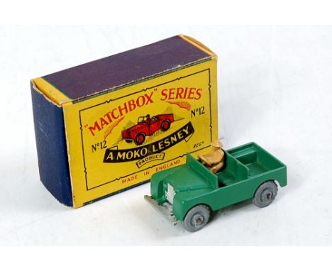 Matchbox 1-75 Series, No.12A Land Rover, green body, light tan figure driver, silver trim, metal wheels with crimped axles, i