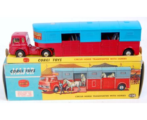 Corgi Toys, 1130, Chipperfields Horse Transporter, red Bedford TK truck with red and light blue transporter, spun hubs, 4 gre