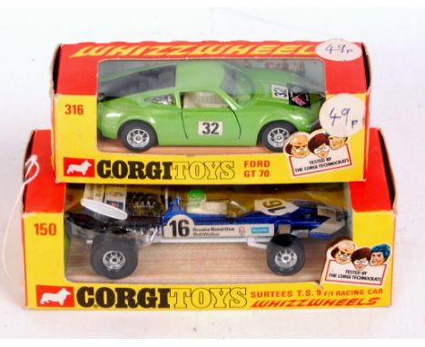 Corgi Toys Whizzwheels Boxed Diecast Group, 2 examples to include No.316 Ford GT 70, metallic light green and black body (NMM