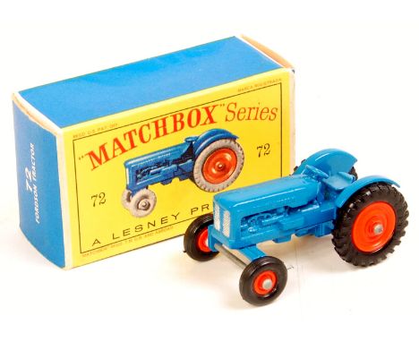 Matchbox 1-75 Series, No.72 Fordson Tractor, blue body with orange hubs, black plastic wheels, in the original all card box (