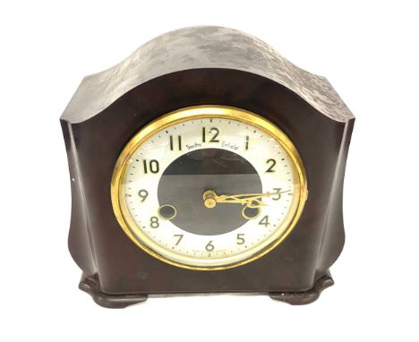 A Smiths Enfield baker light two key hole mantel clock with pendulum, untested 