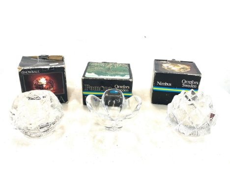3 Boxed glass candle holders, includes Kosta, Orrefors Sweden etc 