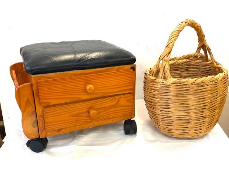 Wicker sewing basket with contents, vintage shoe polishing stool 