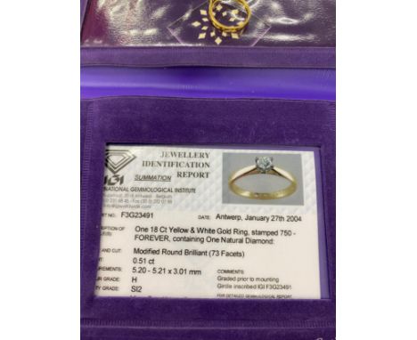 Forever diamonds 18ct yellow and white ladies diamond solitaire ring 0.51ct, clarity S12, with certificate 
