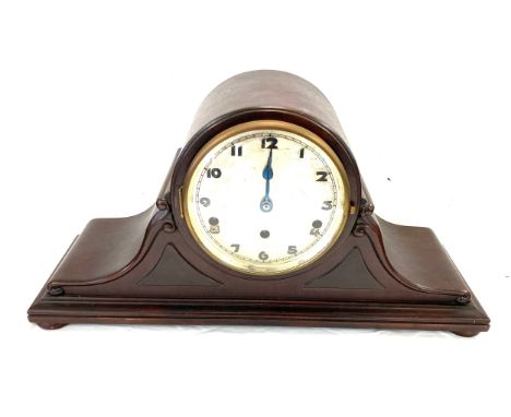 Large Nelson style 3 keyhole mantel clock, with key and pendulum, untested approximate case measurements: Height 10 inches, l