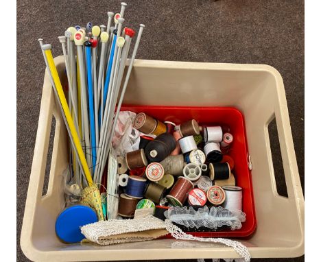 Selection of sewing items to include portable sewing machines, pins, cotton etc and 1980's knitting patterns and vintage lace