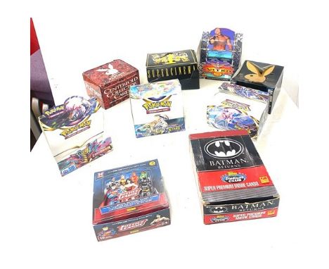 Selection of trading card booster boxes empty, includes vintage and new pokemon, batman, justice league etc, selection of pok