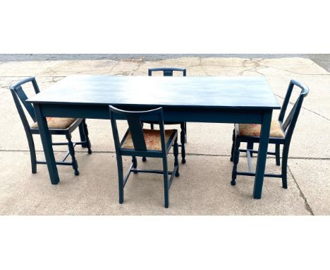 Vintage painted table and 4 chairs, measures approx 72 inches long 30 inches wide 30 inches tall 