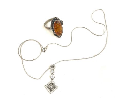 Silver CZ necklace and silver amber ring 