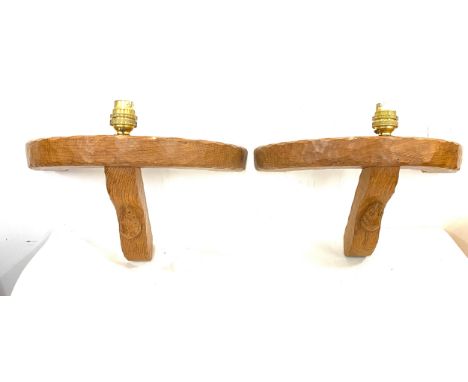 Pair of Robert Thompson mouseman carved oak wall lights, approxiamte measurements 