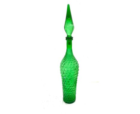 Vintage green glass genie bottle, approximate height: 22.5 inches 