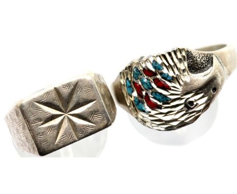 Gents 925 silver large Eagle head ring, size 5, and a further gents silver signet ring size T, combined 17g. P&amp;P Group 1 