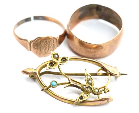 Two damaged 9ct gold rings and an Edwardian brooch lacking some stones, combined weight 4.2g. P&amp;P Group 1 (£14+VAT for th