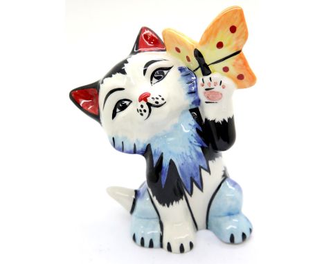 Lorna Bailey cat, Butterfly, H: 13 cm. P&P Group 1 (£14+VAT for the first lot and £1+VAT for subsequent lots)Condition Report