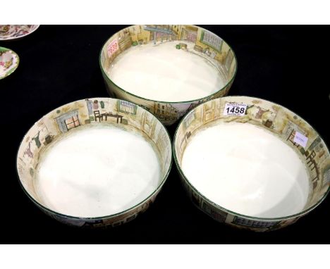Royal Doulton Dickens series ware, a set of three graduated fruit bowls, largest D: 26 cm, smallest bowl cracked from rim. P&
