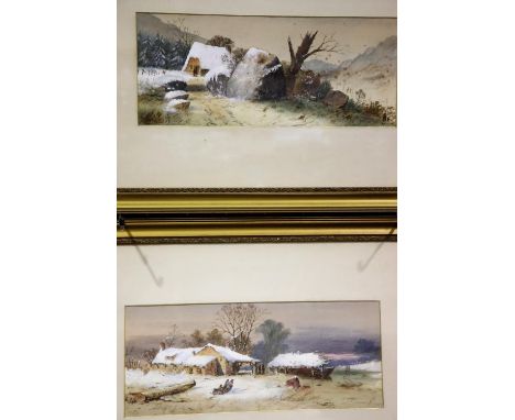E R Fox pair of watercolours, rural scenes in winter 49 x 20 cm. Not available for in-house P&amp;P 