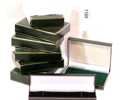 Seven as-new green leather effect fitted necklace boxes and a bracelet box. P&amp;P Group 3 (£25+VAT for the first lot and £5