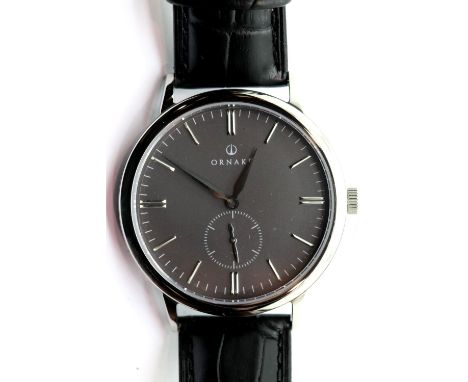 Ornake gents new boxed wristwatch, silver and black on a leather strap with Japanese Miyota movement. P&amp;P Group 1 (£14+VA