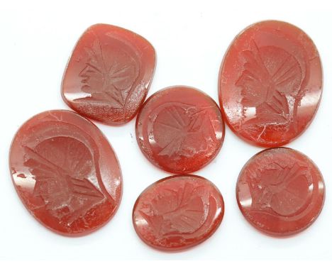 Six intaglio carved carnelian panels of varying size, largest 21 x 17 mm. P&amp;P Group 1 (£14+VAT for the first lot and £1+V