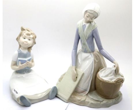 Two figurines, Nao 246, figurine of a seated young girl with apron and cookbook and another of a girl with laundry basket P27