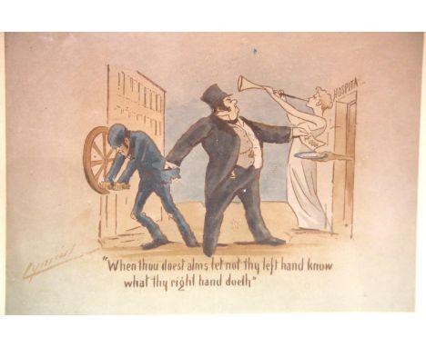 Punch style political themed watercolour, annotated below with Matthew 6:3, When thou doest alms let not thy left hand know w