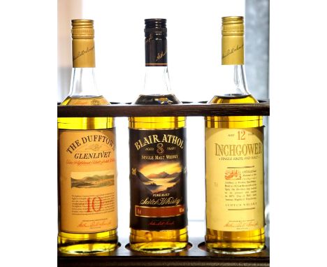 Three whiskies, Blair Athol 8 year old single malt, the Dufftown Glenlivet 10 year old single malt and an Inchgower 12 year o