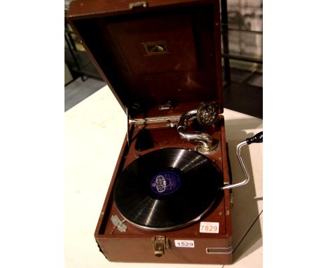 Vintage red leatherette HMV gramophone, working and complete. Not available for in-house P&amp;P 