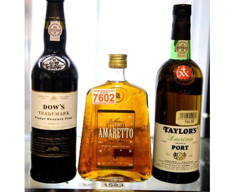70cl bottle of Amaretto, bottle of Dow's Trademark port and Taylors Lagrima white port. P&amp;P Group 2 (£18+VAT for the firs