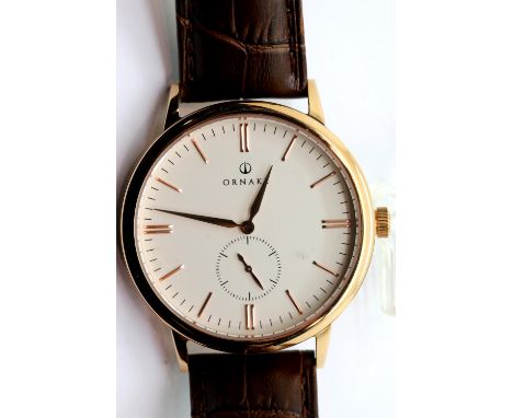 Ornake gents new boxed wristwatch, gold and white on a leather strap with Japanese Miyota movement. P&amp;P Group 1 (£14+VAT 