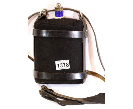 WWI British MK V1 Blue Enamel Water bottle and Leather Pannier, Black felt cover for night raids. P&amp;P Group 2 (£18+VAT fo