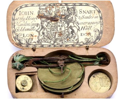 John Snart, a fine English coin scale, c.1700, within a fruitwood cut from solid box, having a decoratively stamped lid, the 