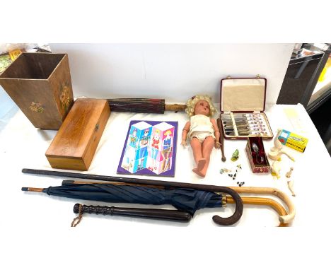 Large selection of miscellaneous items, includes vintage doll, umbrella, truncheon, Konig camera stand etc 