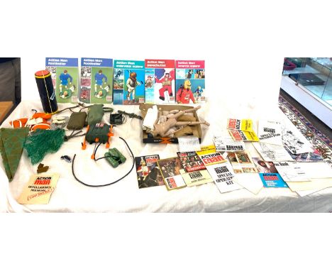 Selection vintage 1960's / 1970's Action man Hasbro Palitoy / Red box accessories to include sand bags, hay bales, backpacks,