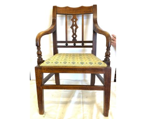 Antique period elm dining carver chair, tapestry seat, overall height: 32 inches, seat height: 15 inches 