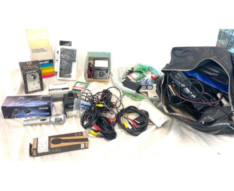 Large selection of camera equipment, includes microphones, polaroid, batteries, leads etc 