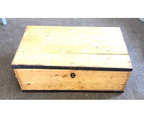 Metal bound pine trunk by lusty and sons 1936 measures approx 13" tall by 33.5" wide 