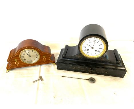 Inlaid mahogany mantel clock and a 2 key whole clock, untested 