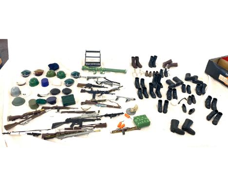 Selection vintage 1960's / 1970's Action man Hasbro Palitoy / Red box accessories to include boots, hats, guns, rifle rack et