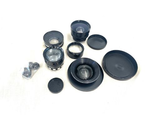 Selection of camera lenses, to include Yashikor Aux wide angle, Kowa telephoto lens, Sunagor Macro +8 lens all untested 