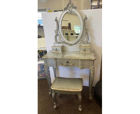 Modern retro style dressing table with mirror and stool, measures approx 61" tall 31" wide  16" depth 
