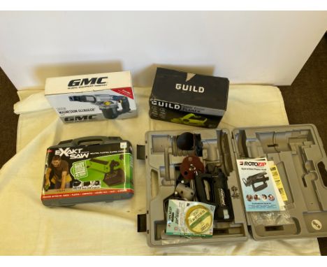 Selection of power tools to include GMC nail gun in box, Guild planer, eXakt saw unused, rotozip spiral saw etc 