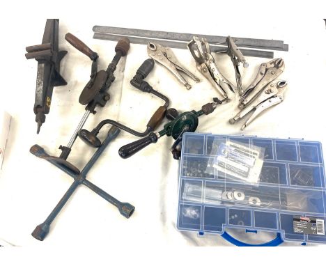 Selection of miscellaneous tools to include car jack, wheel brace, hand drills, steels etc 