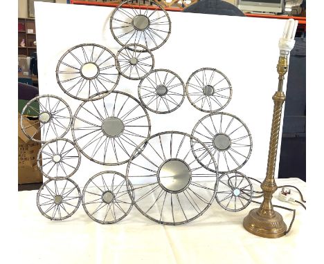 Decorative wall art mirror and a brass table lamp, untested 
