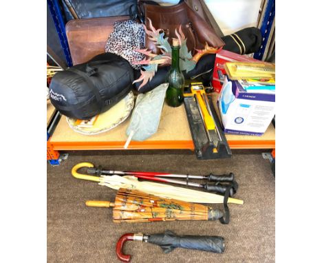 Large selection of miscellaneous includes camera stand, Japanese umbrellas, walking sticks, meat plates etc 